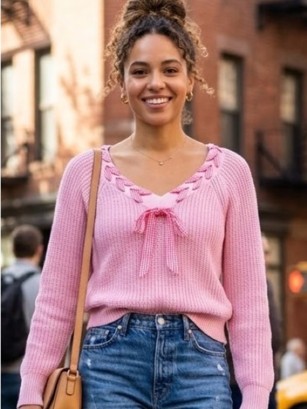 So Me V-Neck Pink Knit Sweater with Lace-Up Tie